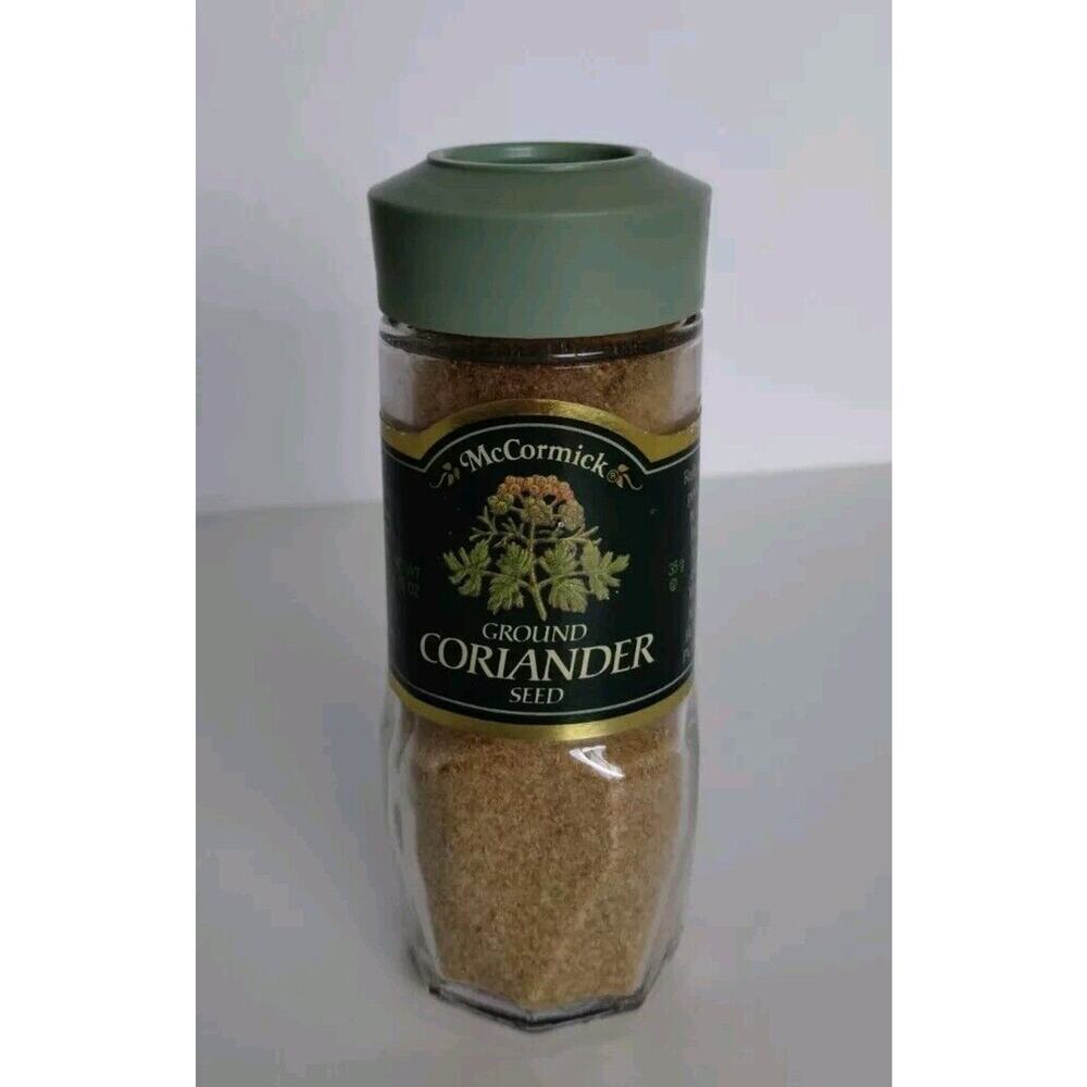 Vintage McCormick Spice Ground Coriander Seed Glass Jar Green Lid 1.25 oz - Exp